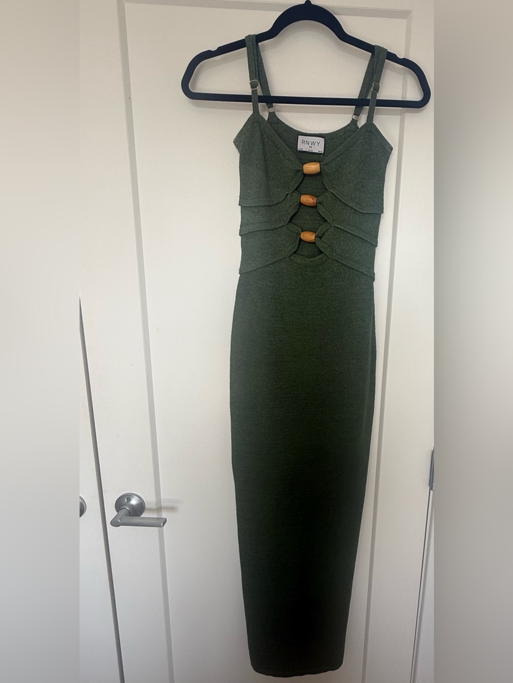 Olive Green Knit Midi Dress with Button Accents